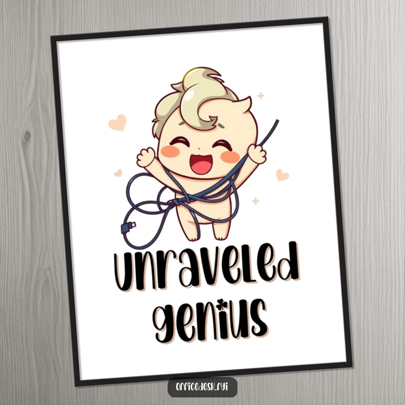 Funny poster art showing a joyful character happily untangling a massive mess of wires, celebrating a moment of pure relief.