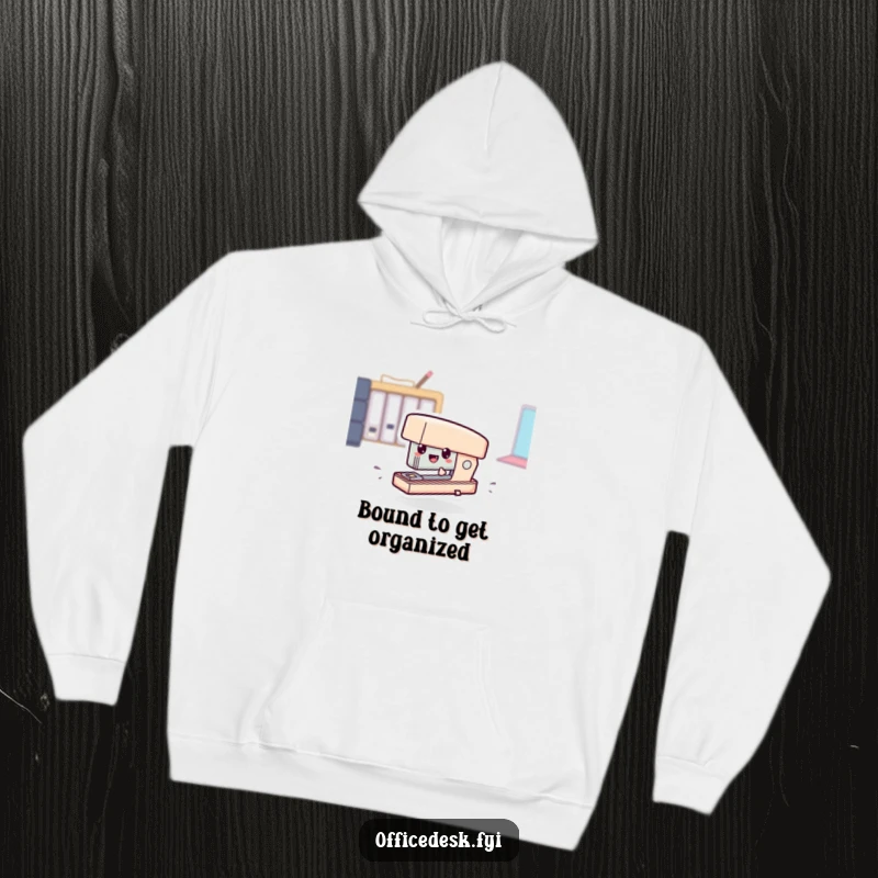 Funny hoodie showcasing a tiny stapler character comically zipping with great speed, perfect for chilly office days.
