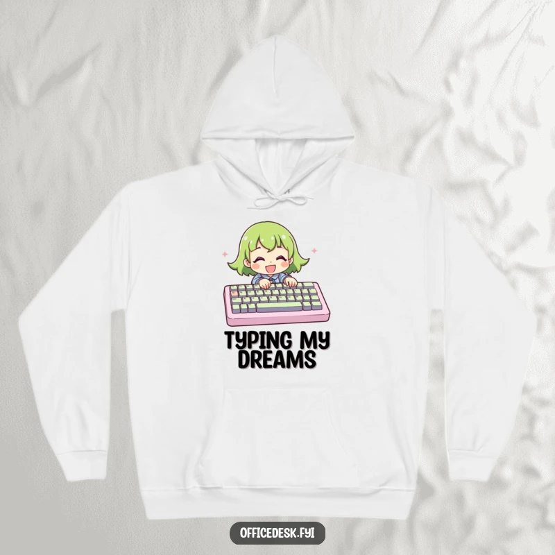 Funny Hoodie: A character joyfully typing on an enormous keyboard, representing the dedication and fun of tech work.