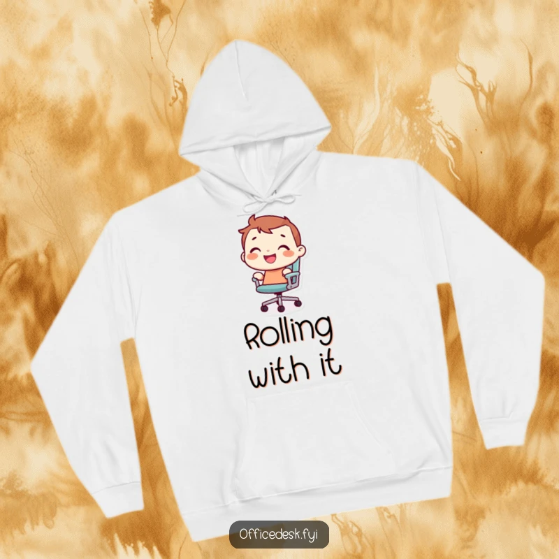 Funny tiny character with a joyful grin, riding a rolling office chair, featured on a cozy and humorous hoodie.
