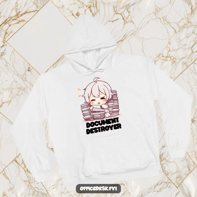 Funny Hoodie: A winking character attempting to staple a huge stack of documents, symbolizing charm and productivity.