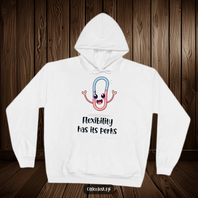 Funny hoodie with a cute paperclip character joyfully performing a hilarious twist, conveying pure delight.