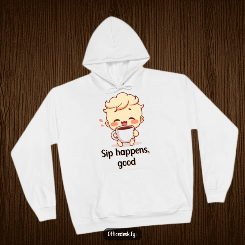 Funny hoodie featuring a cheerful character taking a satisfying sip from a coffee mug, embodying contentment and achievement.