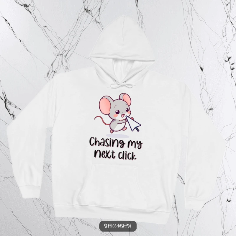 Funny hoodie depicting a small computer mouse character playfully chasing a cursor, perfect for gaming or coding sessions.