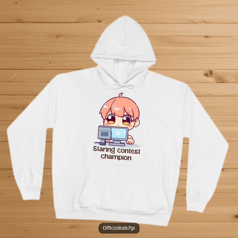 Funny hoodie showcasing a wide-eyed character mesmerized by a blinking computer cursor, perfect for chilly tech sessions.