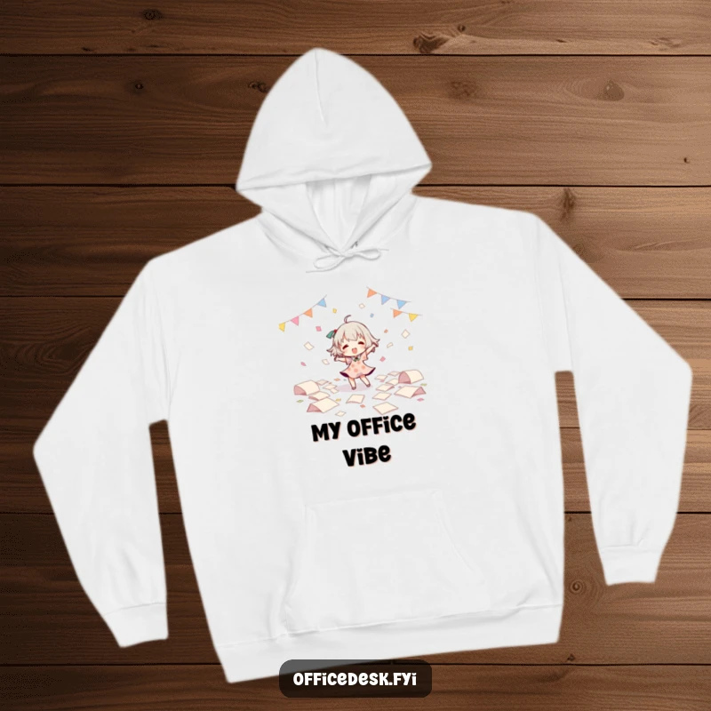 Funny Hoodie: Character having a blast in a solo dance party amidst flying papers, radiating energy and happiness. A perfect funny gift.