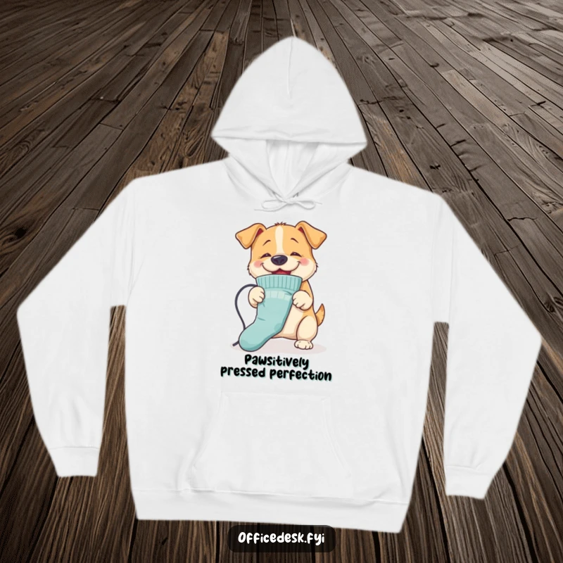 Funny Dog Ironing Hoodie: A bouncy dog enthusiastically ironing a sock with its nose, symbolizing cozy helpfulness and canine charm, a perfect funny gift.