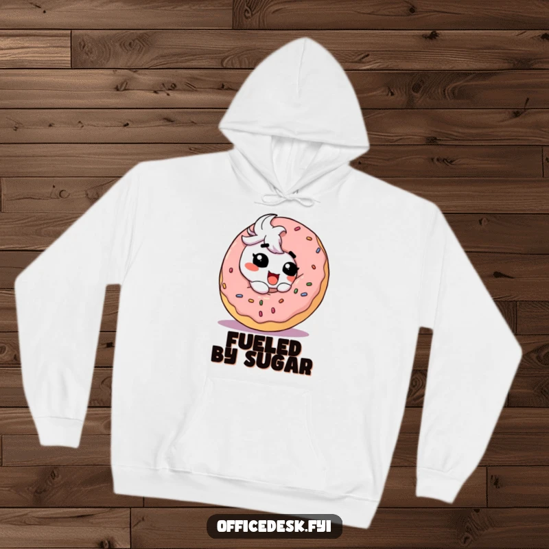 Funny Hoodie: A cute character with a goofy expression joyfully eating a massive, delectable donut, embodying sweet treat happiness.