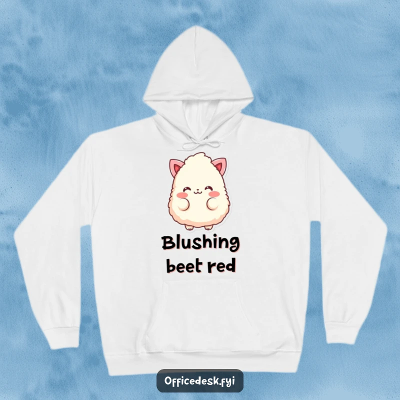 Funny hoodie with a fluffy eraser character blushing with rosy cheeks, radiating soft charm.
