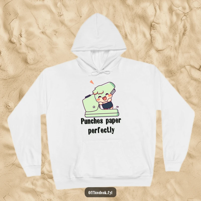 Funny hoodie featuring a cheerful character enthusiastically engaging with a massive stapler, radiating motivation and humor.