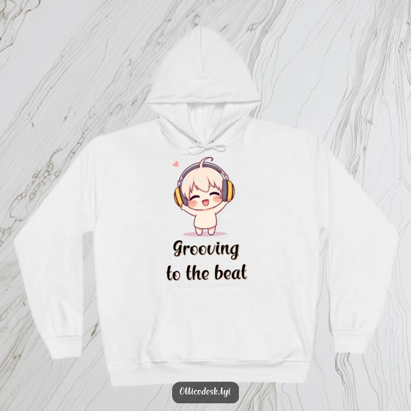 Funny hoodie featuring a character sporting massive headphones, enthusiastically bobbing its head, embodying the spirit of music.