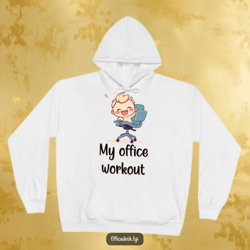Funny hoodie featuring a smiling character joyfully engaged in a comical wrestling match with a runaway office chair.
