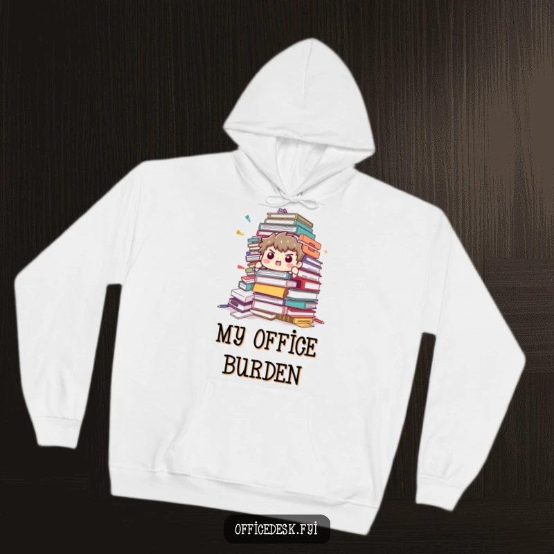 Funny Hoodie: A determined character is desperately trying to hold up a huge, tumbling pile of office supplies.