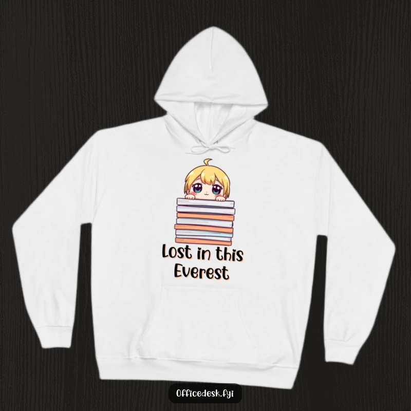 Funny hoodie with a cute character peeking over a giant stack of papers, eyes wide, providing humorous comfort for work stress.