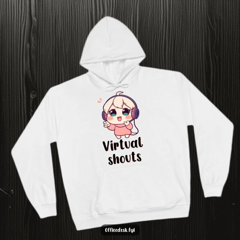 Funny hoodie featuring a playful character wearing a headset, making animated gestures during a virtual video call, cozy and fun.