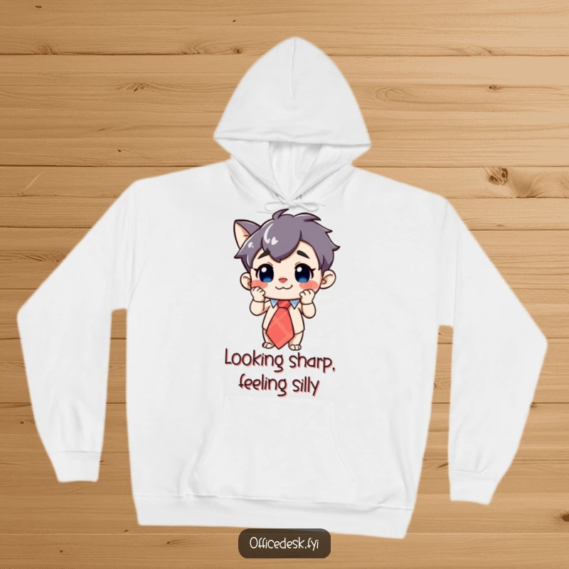 Funny Character Hoodie: A curious character with a grin, adjusting a large, whimsical tie, offering cozy humor.