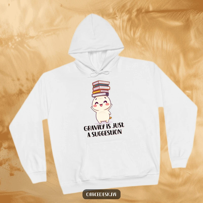 Funny hoodie with a happy character balancing a precarious stack of files on its head, offering cozy and humorous organization vibes.