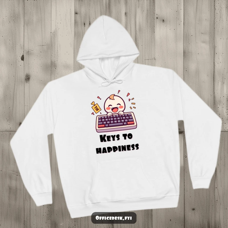 Funny Hoodie: A small, smiling keyboard character energetically typing a chaotic but joyful message, perfect for cozy tech enthusiasts.
