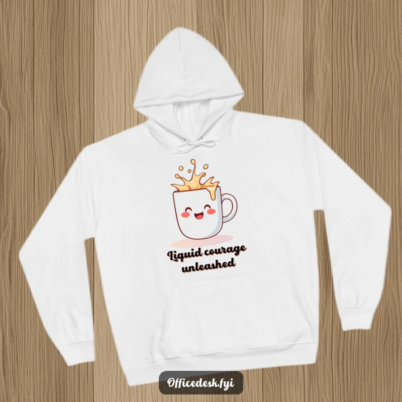 Funny hoodie depicting a cute coffee mug character happily spilling liquid, perfect for cozying up with a laugh.