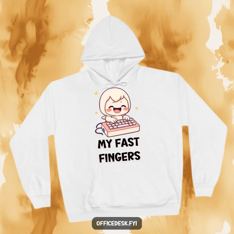 Funny Hoodie: A joyful character with a huge grin furiously types away on a miniature keyboard, representing digital prowess.