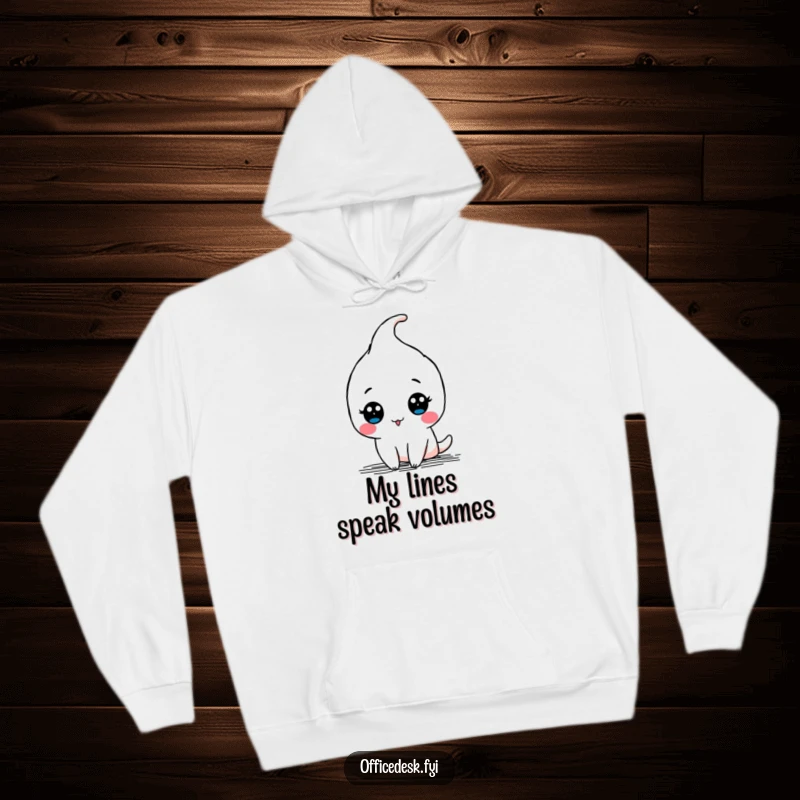 Funny hoodie depicting a kawaii pen character drawing a doodle with a flourish, perfect for creative work sessions.