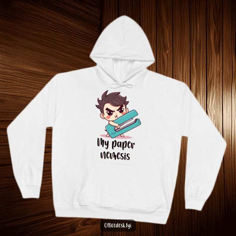 Funny character determinedly wrestling a giant stapler, featured on a cozy and humorous hoodie for office life.
