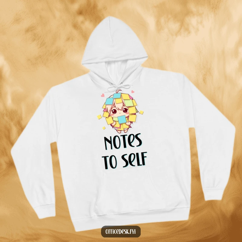 Funny cute character covered in sticky notes, looking bewildered yet amused on a cozy hoodie, a humorous and funny gift.