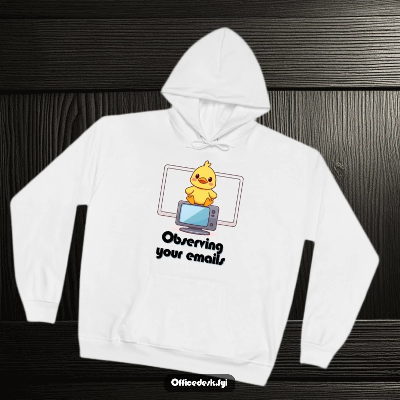 Funny hoodie featuring a small rubber duck perched on a computer monitor, looking thoroughly amused.