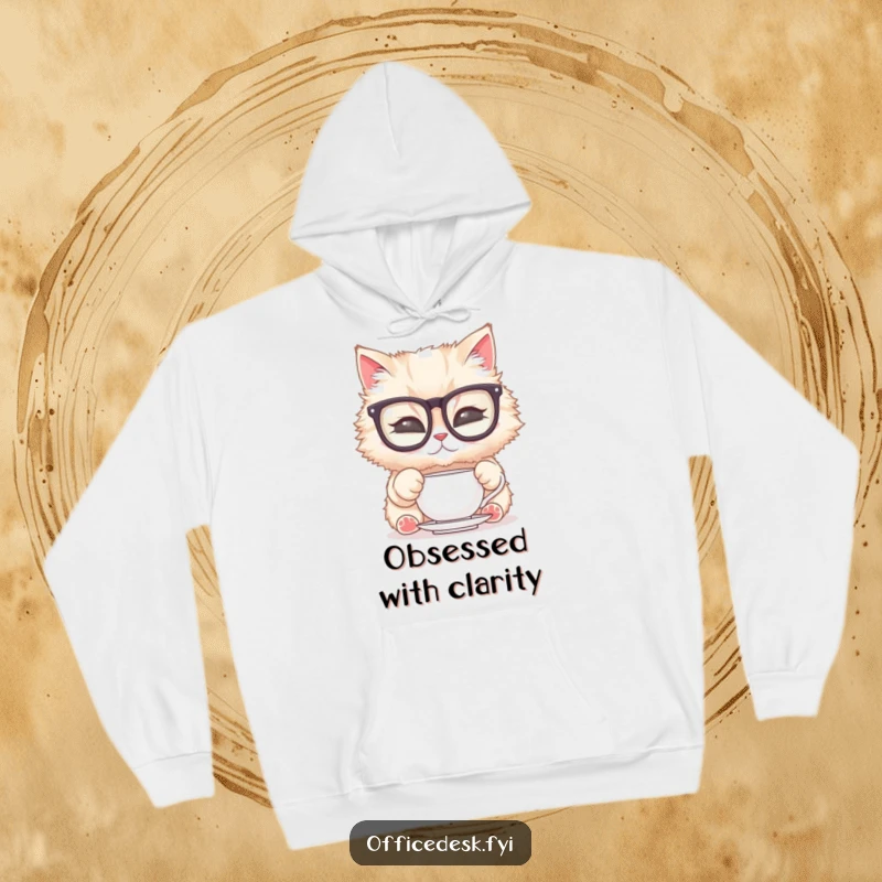 Funny Cat Glasses Hoodie: A fluffy cat in oversized glasses polishing a tiny teacup, symbolizing refined humor and cozy warmth, a perfect funny gift.
