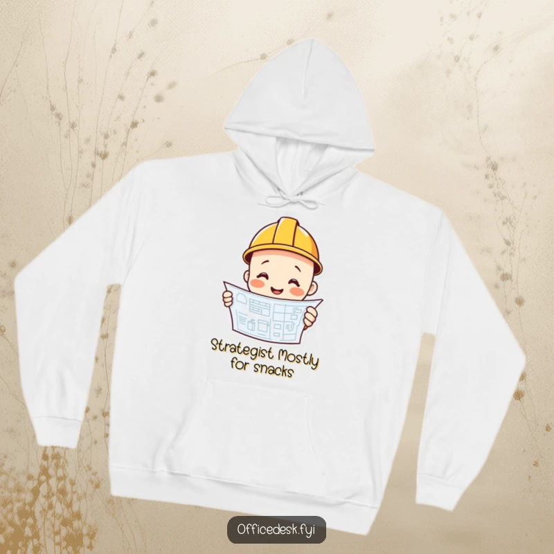 Funny construction worker in hoodie, hard hat, smiling, studying blueprint, warm and witty, funny gift.