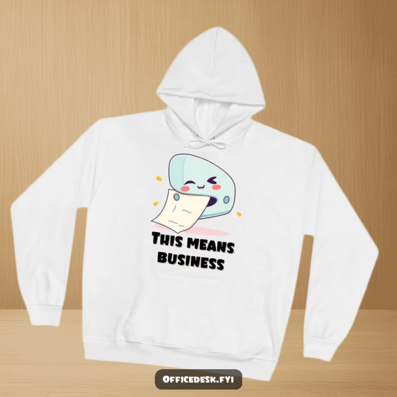 Funny hoodie depicting a cute stapler giving a mischievous wink as it jams an excessively large piece of paper.