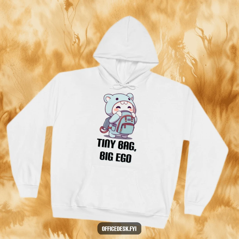 Funny hoodie depicting a character excited about zipping a microscopic backpack, perfect for a humorous, cozy feel.