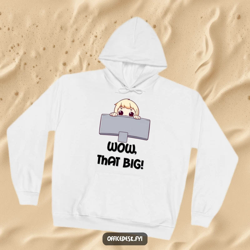 Funny hoodie with a surprised character peeking over a giant monitor, showcasing a look of pure wonder and fascination.
