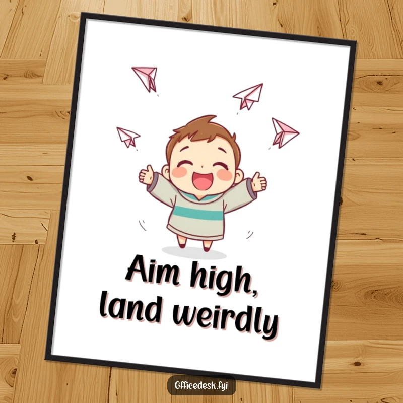 Funny Free Printable Wall Art of a happy kawaii character launching paper airplanes that are flying hilariously erratically in all directions.