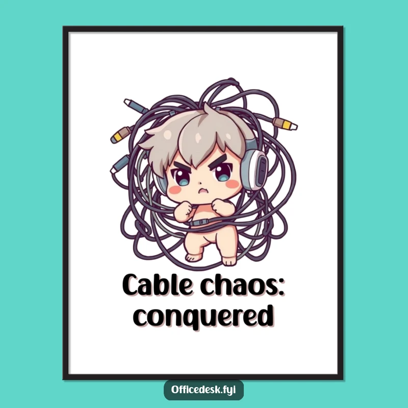 Funny Free Printable Wall Art: Cable Tamer Character Tackling Tech Mess