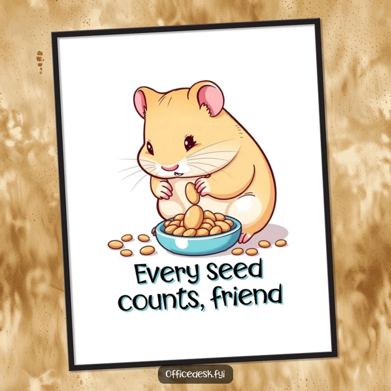 Funny free printable wall art depicting a determined hamster meticulously weighing exactly one seed on a tiny, balanced scale.