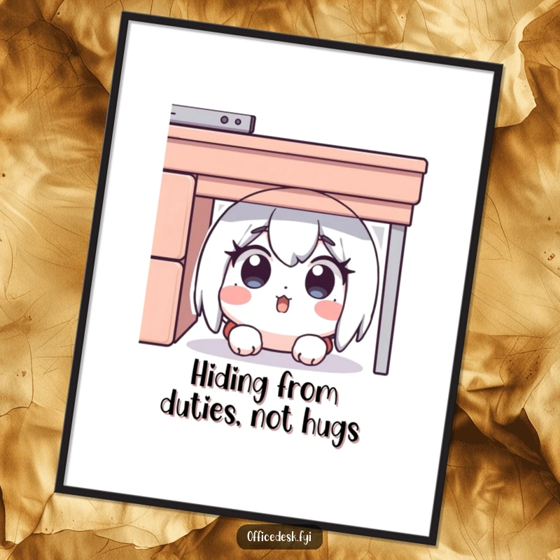 Funny Free Printable Wall Art: Character with surprised eyes hiding under a desk, perfect for a humorous home office.