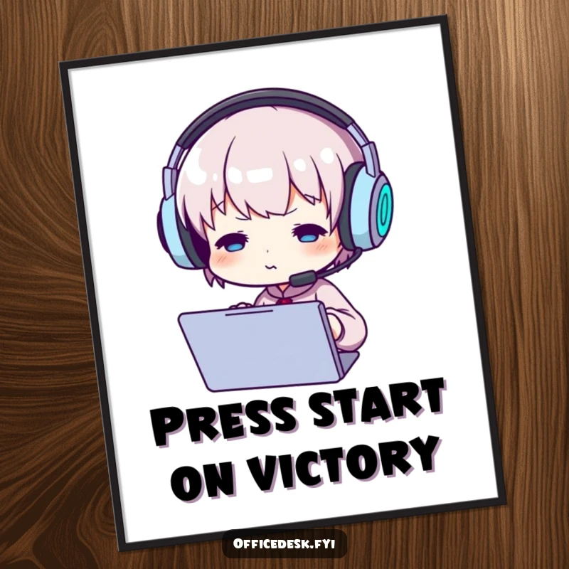 Funny Free Printable Wall Art: Small character engrossed in a screen, wearing giant headphones with absolute intense focus.