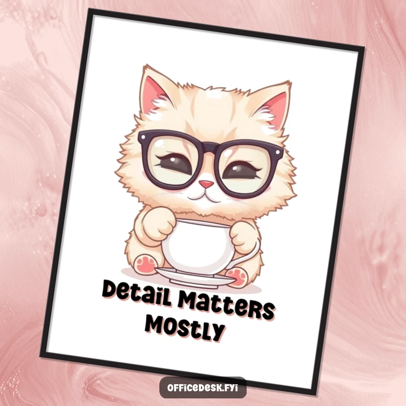 Funny Free Printable Wall Art Poster: Fluffy cat in oversized glasses polishing teacup, elegant humor, downloadable art.