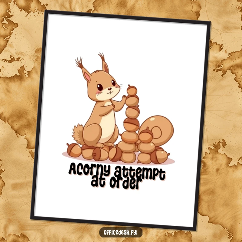 Funny Free Printable Wall Art Poster: Squirrel trying to stack acorns in a straight tower, humorous effort, downloadable art.