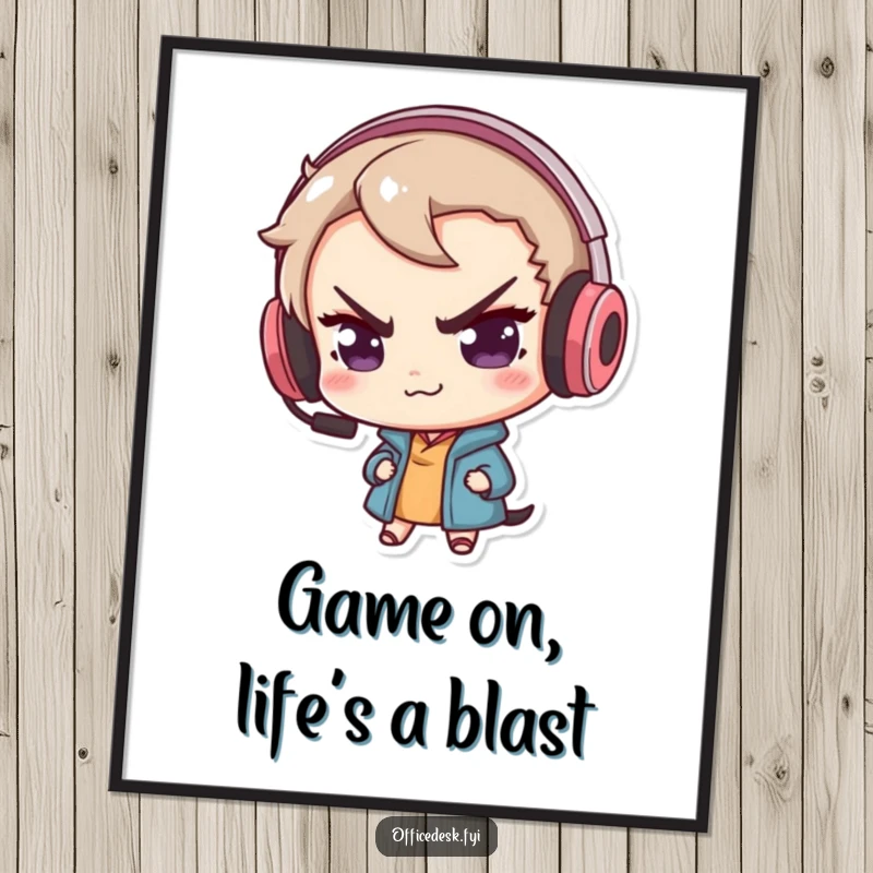 Funny Free Printable Wall Art: A cute character with a mischievous smirk wearing an enormous headset.