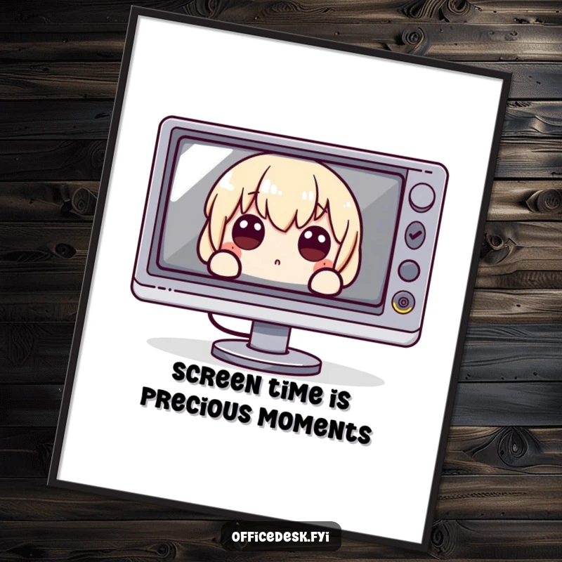 Funny Free Printable Wall Art of a character cautiously peeking from behind a gigantic computer monitor with wide, curious eyes.