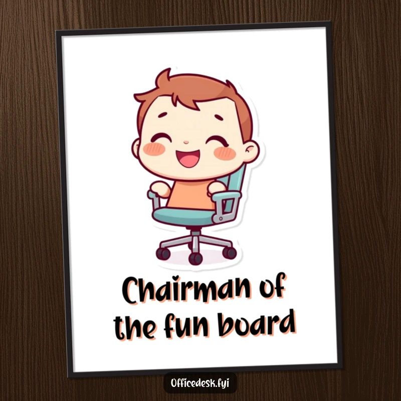 Funny Free Printable Wall Art: Tiny character with a joyful grin cruises happily on a rolling office chair, a fun decor piece.