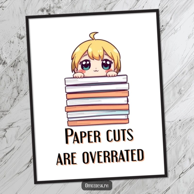 Funny Free Printable Wall Art: A cute character peeking over a massive stack of papers with wide, surprised eyes.