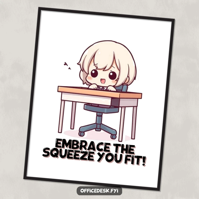 Funny Free Printable Wall Art: A small character comically attempting to fit into a comically tiny desk chair with a loud squeal.