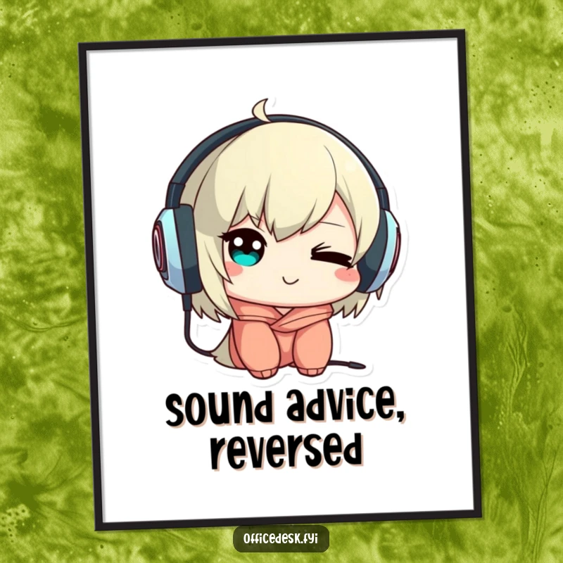 Funny Free Printable Wall Art: Character with a mischievous wink wears headphones backward, creating a humorous and stylish piece.