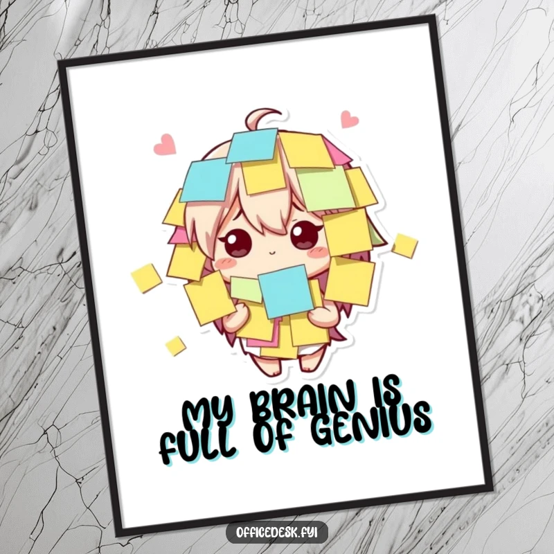 Funny free printable wall art: Cute character looking amused while completely covered in sticky notes.