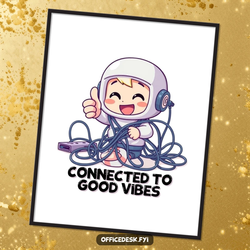 Funny free printable wall art: Cheerful character with thumbs up, hilariously tangled in a mess of computer cables.