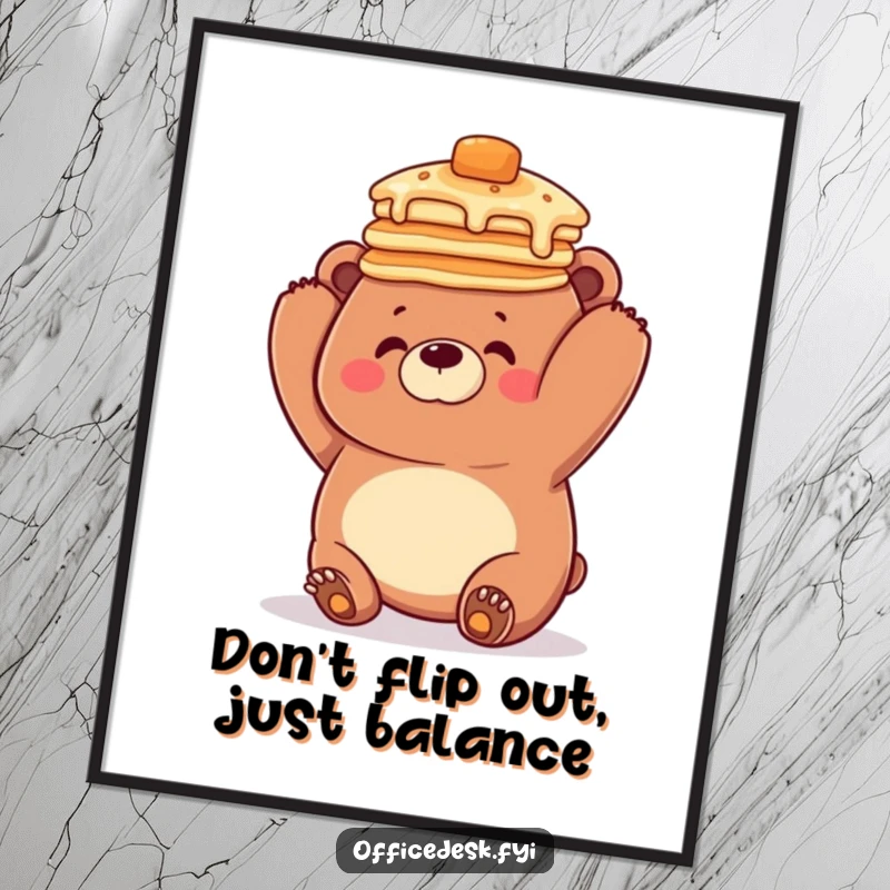 Funny Free Printable Wall Art: Clumsy bear wearing a stack of pancakes on its head, looking bewildered. Downloadable decor.