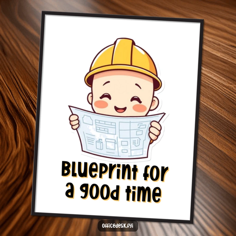 Funny Free Printable wall art of a smiling construction worker character holding a blueprint, ready to build something amazing.
